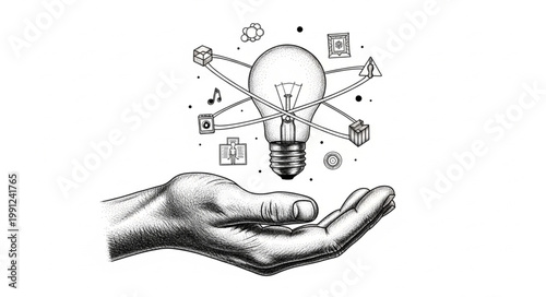 Hand holding a glowing light bulb with connected ideas.