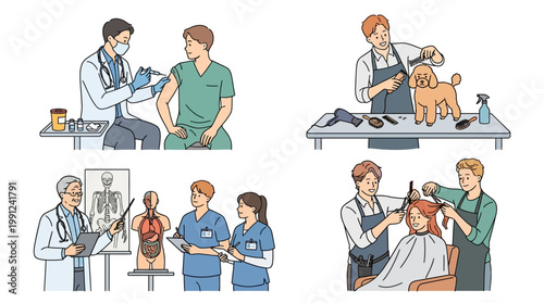 A composite image of various medical and grooming professionals at work in different settings with patients and animals in realistic and stylized scenes.