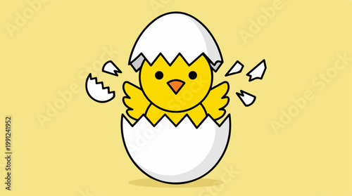 Cute Yellow Baby Chick Hatching Egg.