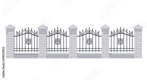 A sophisticated perimeter fence composed of sturdy grey stone pillars alternating with decorative black wrought iron panels featuring elegant circular scrollwork.