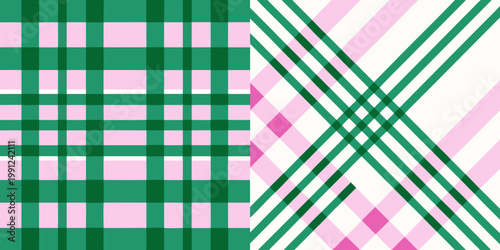 A vibrant pattern featuring green and pink plaid and diagonal stripes