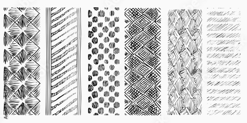Six vertical panels showcasing diverse black and white sketched geometric patterns
