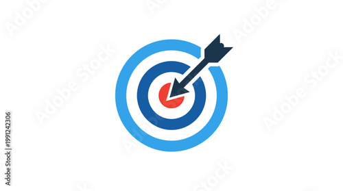 Minimalist vector graphic of a dart hitting the bullseye on a blue and white target with red center, symbolizing accuracy and precision in a simple, modern flat design style.