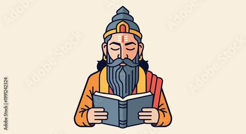 Illustration of a wise Hindu sage with a long beard reading a book.