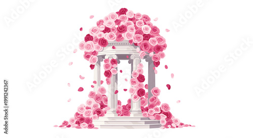A magnificent classical white stone gazebo is adorned with a vibrant abundance of pink and red roses cascading down its pillars and steps beautifully.