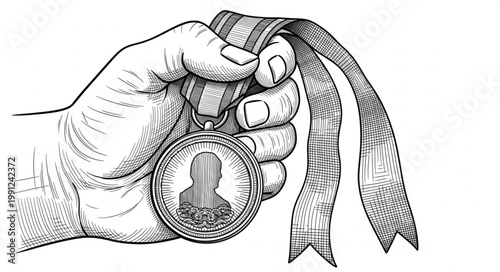 Hand holding a medal with ribbon illustration.