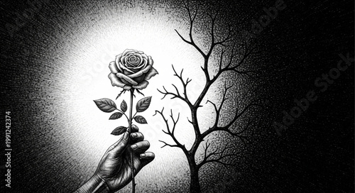 Hand holding a single rose in front of a bare tree.