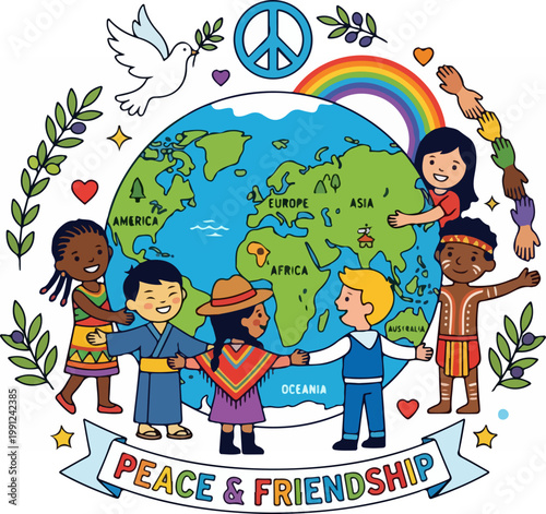 Diverse children holding hands around globe.