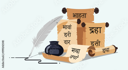 Ancient Indian Manuscripts with Quill and Inkwell Illustration.