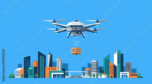 Drone flying over city with package.