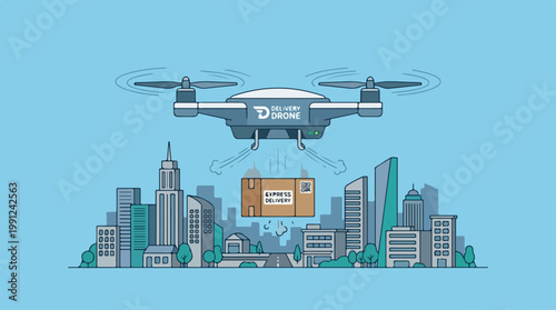 Drone flying over city with package.