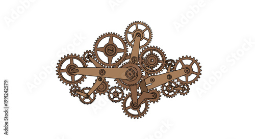 Rustic brown wooden gears and connecting mechanical rods form a functional clockwork system positioned centrally against a stark white background with soft shadows.