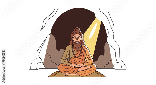 Bearded Hindu sage in meditation illustration.