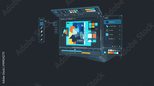 Futuristic computer screen with colorful interface.
