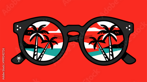 Glasses with palm tree reflection.