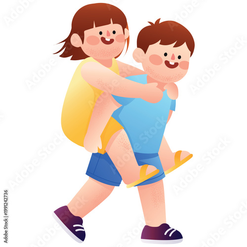 Friendship Illustration. Vector illustration of Girl riding piggyback on boy showing playful friendship moment. Isolated on background