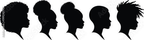 Diverse hairstyle silhouette illustration, afro, puff bun, high bun, cropped hair, dreadlocks, cultural diversity, fashion, identity, beauty, vector art