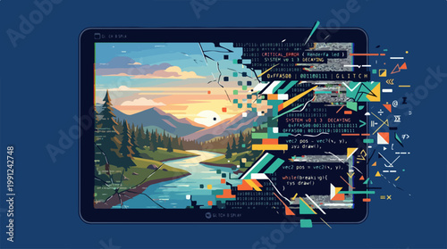 Glitchy digital tablet screen display.