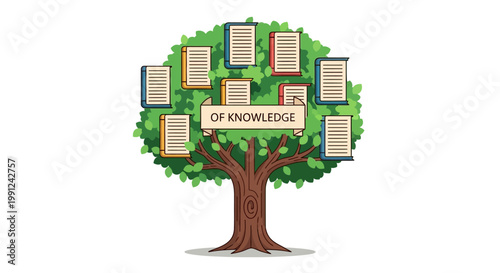 Conceptual Illustration of a Tree of Knowledge with Books as Fruit.
