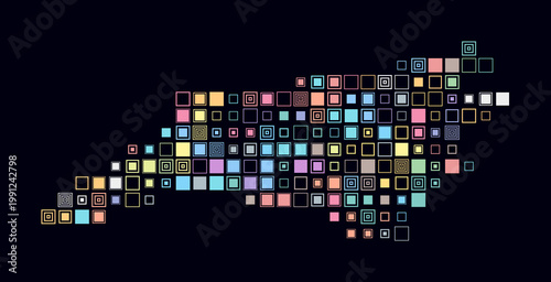 North Carolina, shape of the state build of colored cells. Digital style map of the North Carolina on dark background. Large size square blocks. Stylish vector illustration.