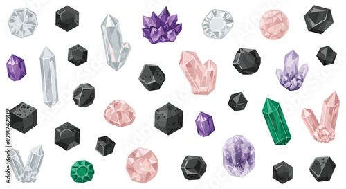 A large variety of colorful crystals and dark stones including vibrant purple amethyst, green emerald, and soft pink quartz are scattered across a white surface.