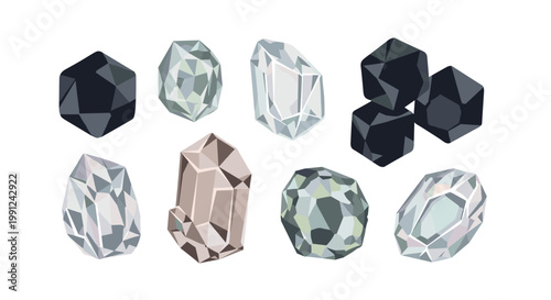 A collection of eight unpolished and faceted gemstones is displayed in various shades of charcoal grey, deep black, and translucent white on a plain background.