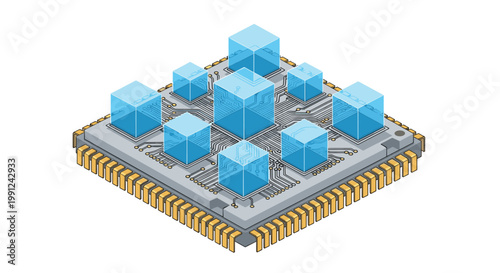A grey isometric microchip with golden pins is topped with nine translucent blue cubes that sit directly upon the intricate internal circuit pathways.