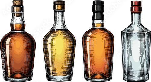 Εκτύπωση καμβά Whiskey and Spirits Glass Bottles Collection Colored and Outline Engraving Styl