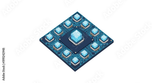A dark square circuit board displays a prominent central glowing blue cube surrounded by twelve smaller identical cubes arranged in a symmetrical geometric pattern.