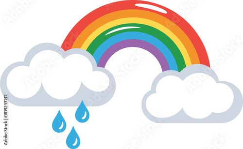 Rainbow with clouds and raindrops vector illustration, colorful weather concept, bright sky design for kids projects