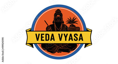 Graphic illustration of sage Veda Vyasa sitting in meditation with manuscript and pen.