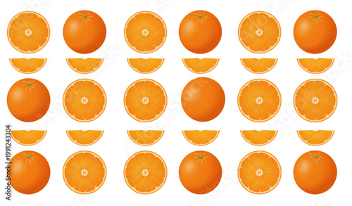 orange, oranges, fruit, citrus, slice, slices, juicy, fresh, food, vitamin, healthy, natural, organic, ripe, segment, half, wedge, pulp, peel, tropical, vector, illustration, set, collection, realisti