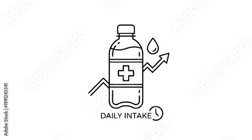 Minimalist line art icon of a water bottle featuring a medical cross, rising arrow, drop and clock symbols for daily intake tracking, ideal for health apps, fitness infographics and wellness
