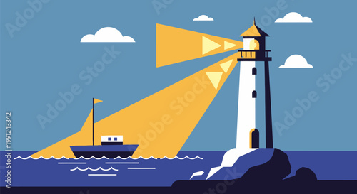Minimalist vector illustration of a lighthouse guiding a boat at night.