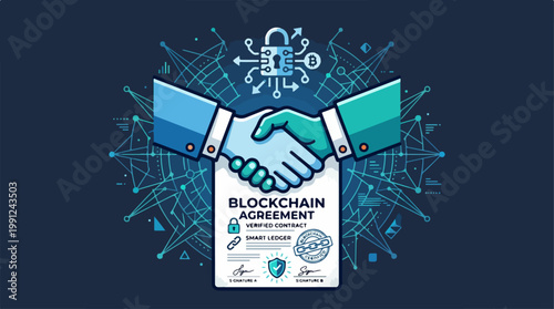 Handshake over blockchain agreement document.