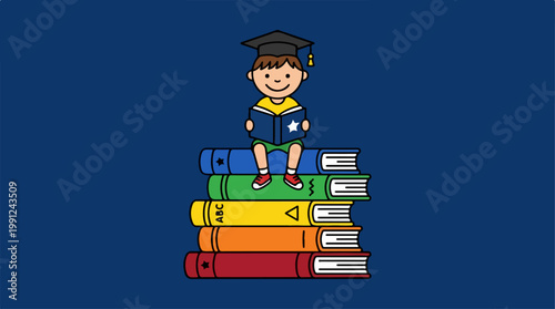 Happy child wearing graduation cap sitting.