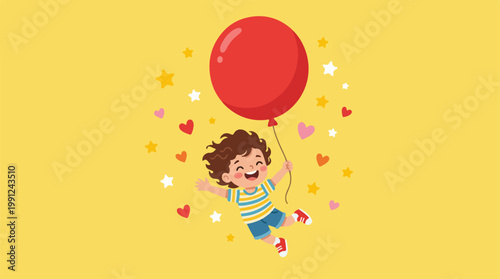 Happy child holding red balloon high.