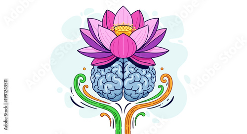 Human brain with blooming pink lotus flower and decorative swirls representing mental health and mindfulness.