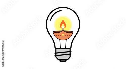 Illustration of a traditional burning diya oil lamp inside a modern light bulb.