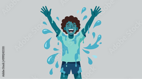 Happy young boy with arms raised.