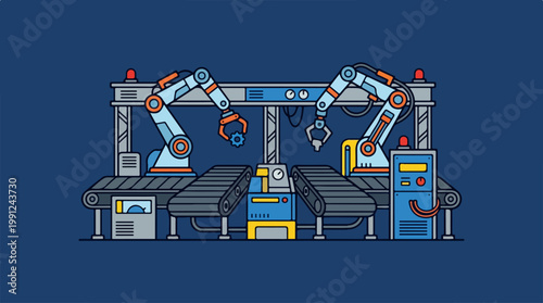 Industrial robotic arms in factory setting.