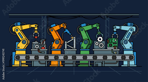Industrial robotic arms on assembly line.