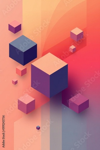 Abstract geometric composition with floating cubes in warm gradient colors