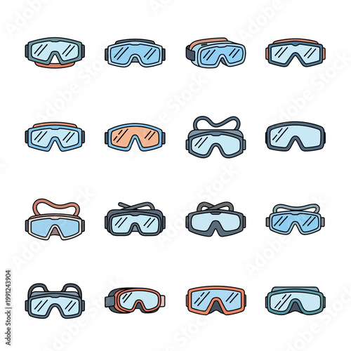 Sixteen flat vector icons of various goggles including ski safety and protective eyewear styles on white background