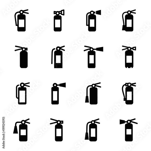 Set of sixteen black fire extinguisher icons isolated on a white background for fire safety and emergency prevention design.
