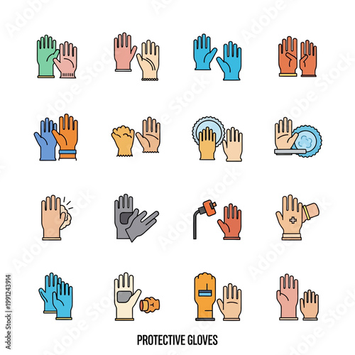 Set of various protective gloves icons for safety and industrial work in flat line style.