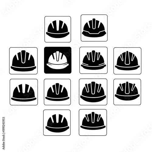 Set of Minimalist Construction Hard Hat Icons for Industrial Safety and Engineering Design in Black and White