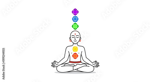 Minimalist line art illustration of a person meditating with colorful chakra symbols.