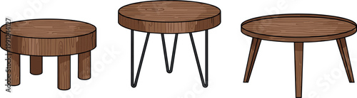 Wooden round tables set with different leg styles rustic furniture collection home interior illustration isolated on white background