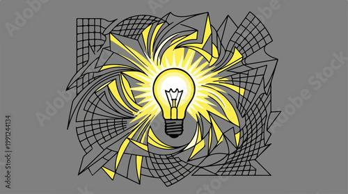 Light Bulb With Yellow Rays Shining.